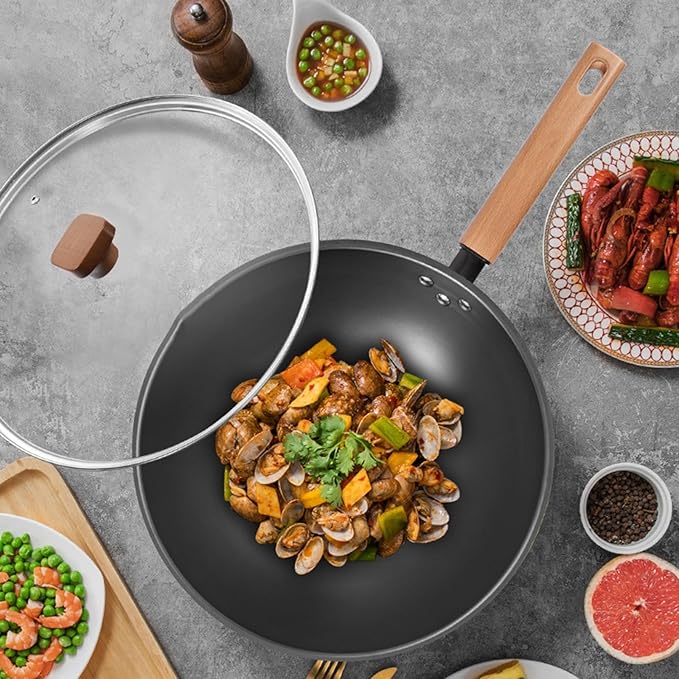 Woks & Stir-Fry Pans with Lid & Wooden Handle, No Chemical Coated Flat Bottom Chinese Wok Pan Cookware All Stoves