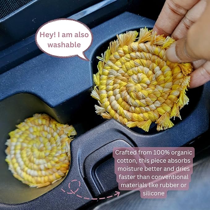 Cotton Car Coasters 2pc Car Cup Coasters Cute car Accessories for Women car Coaster for Cup Holders (Lemon Drop)