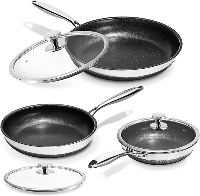 KOKHUB Nonstick Frying Pans with Lids, 8", 10", 12" Titanium Ceramic Tri-Ply Stainless Steel Skillet Set, Non-Toxic, PFAS/PFOA/PTFE Free, Dishwasher & Oven Safe, Induction Compatible