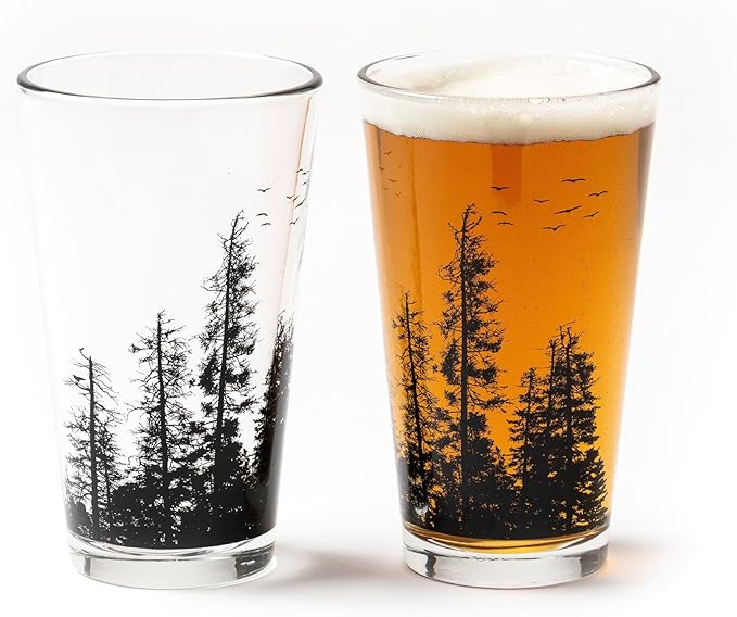 Black Lantern Nature Themed Pint Glasses Set of 2 – Pine Tree Forest Landscape Hand-Printed Beer Glass Set - 16oz. Capacity