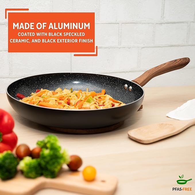 IMUSA 12-Inch Ceramic Nonstick Frying Pan – Black Speckled Aluminum Skillet with Wood-Style Handle, PFOA-Free – Healthy Non-Stick Cookware for All Stovetops