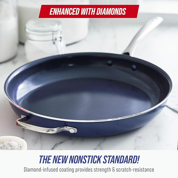 Blue Diamond 14" Nonstick Frying Pan, PFAS Free Ceramic Family Pan, Jumbo Pan with Helper Handle, Diamond Infused Nonstick Skillet, Dishwasher & Oven Safe, Durable, Non Toxic, Metal Utensil Safe, Blue