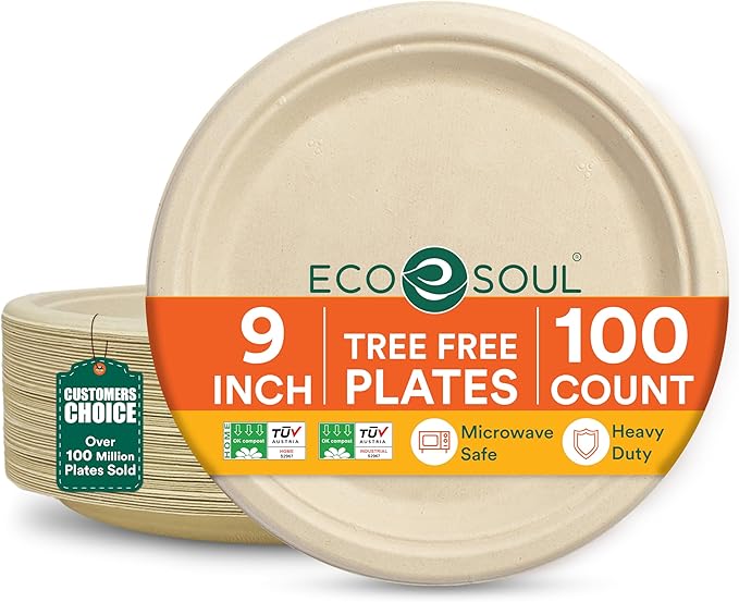 ECO SOUL Compostable 9 Inch(100-Pack) Biodegradable Heavy-Duty Disposable Eco-Friendly Paper Plates for Dinner & Parties, Wedding, Event