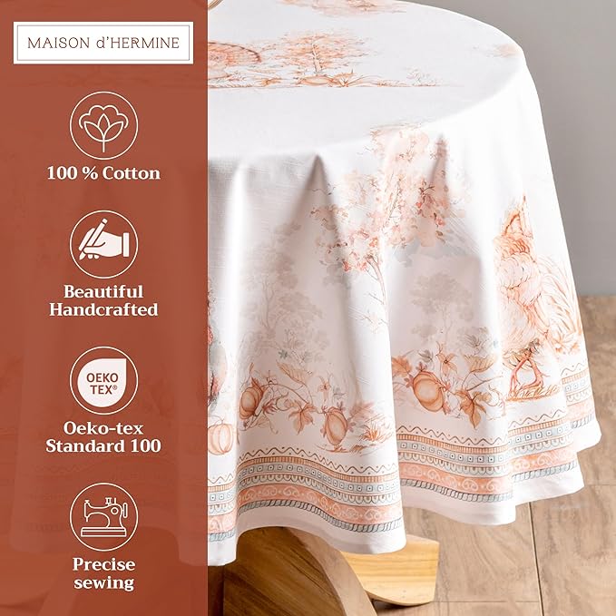 Maison d' Hermine Table Cloth Round Table 100% Cotton 63 Inches Fall Tablecloth Reusable Everyday Use for Thanksgiving Christmas Decorations Dining Farmhouse Party (Giving Thanks)