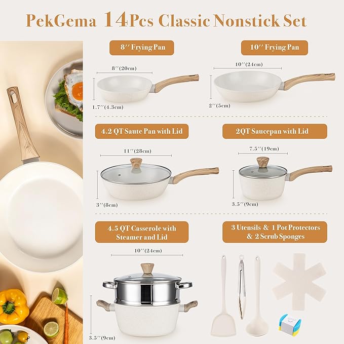PekGema 14 Pcs Ceramic Cookware Sets, Pots and Pans Set Nonstick, Non Toxic Healthy Non stick Kitchen Cooking Set, Induction Cookware with Frying Pan Set, PFAS PTFE PFOA FREE, White