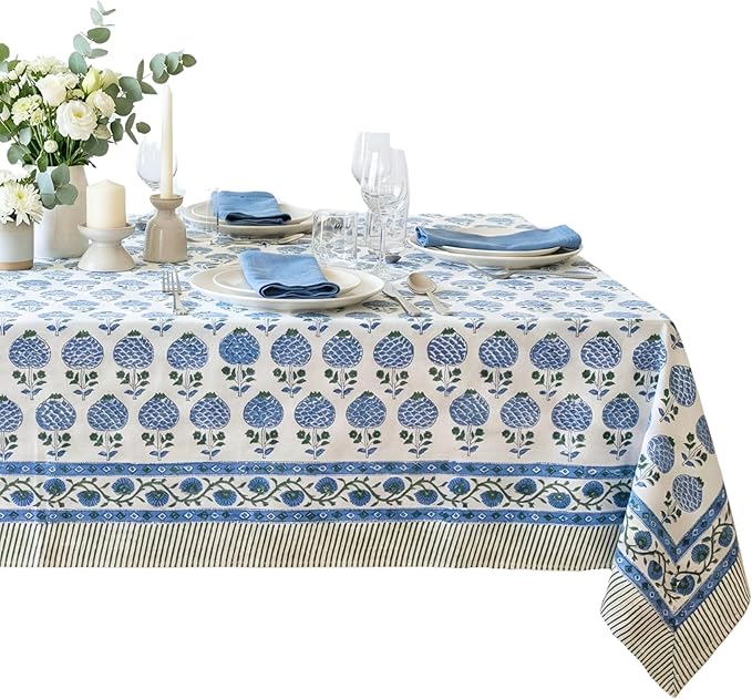 ATOSII Roma Blue 100% Cotton Boho Rectangle Fall Tablecloth, Handblock Floral Print Table Cloth Linen for Kitchen Dining I Parties Outdoors Weddings Holidays I Decor 72 X 108 Inches I 8 Seater