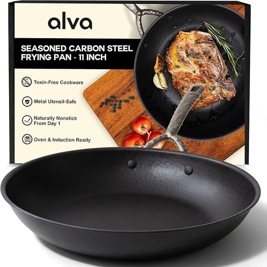 Alva Artist 11” Carbon Steel Frying Pan – Naturally Nonstick, Chemical-Free (No PTFE, PFOA, PFAS), Induction-Ready & Oven-Safe, Built for Lifetime Durability, Pro-Level Heat Control, Belgian Design