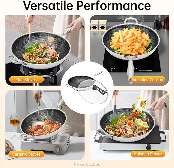 Wok Pan, 13.4 inch Stainless Steel Honeycomb Non Stick Stir Fry Pan with Lid and Stay-Cool Handle PFOA Free Cookware for Induction Gas Electric & Ceramic Cooktops Dishwasher