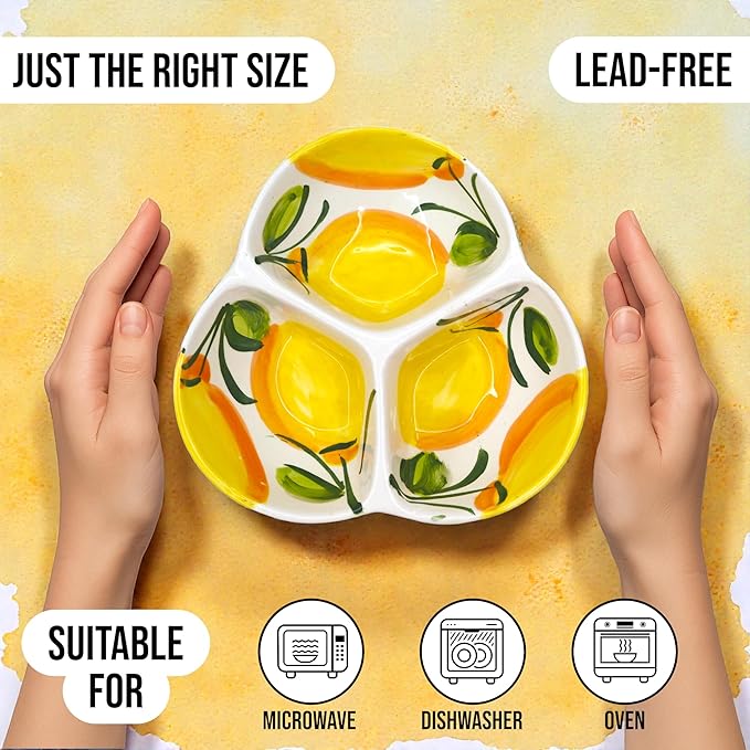 Ceramic Chip & Dip Bowl 7.5”, 3-Compartment Divided Serving Dish & Condiment Tray for Appetizers – Handmade in Spain, Lead-Free Glaze, Microwave, Oven & Dishwasher Safe