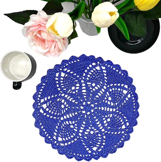 BIBITIME 11 inches to 12 inches Pineapple Flower Lace Doilies Handmade Crochet Placemats Table Coasters Vintage Wedding Party Decor (Blue,1PC)
