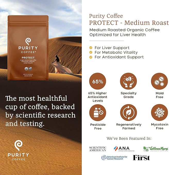 Purity Coffee PROTECT High Antioxidant Light-Medium Roast Ground (12oz Bag) | Specialty-Grade USDA Organic Arabica Blend | Third Party Tested for Mold, Mycotoxins & Pesticides