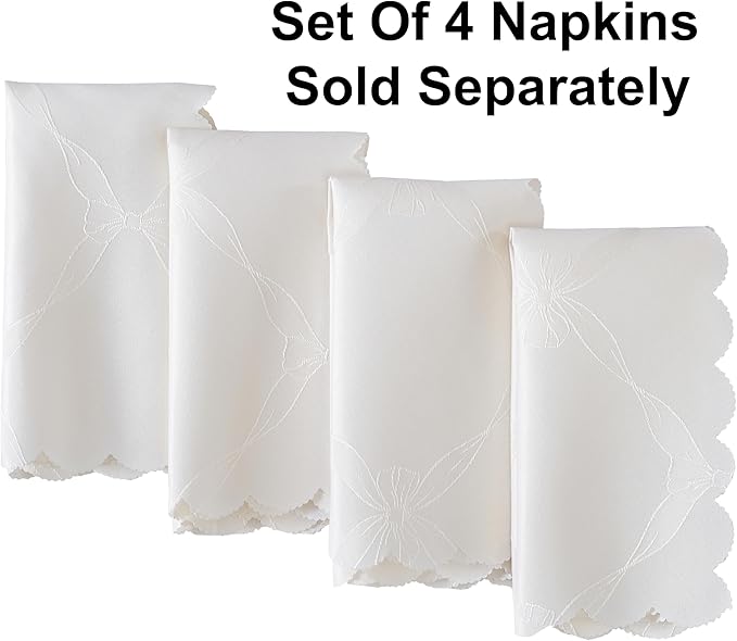 Newbridge Ribbons and Bows Damask Spring & Easter Holiday Fabric Tablecloth, Ivory, 52 x 52 Inch Square, Wrinkle & Stain Resistant Table Cover
