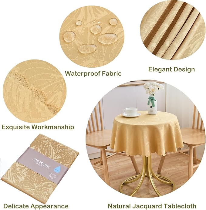 Round Tablecloth Golden Small 40 Inch Table Cloths Up to 26" Dia Tables Leaves Pattern Scalloped Edge Waterproof Jacquard Table Cover-Kitchen Dining Room Decor Coffee Bar