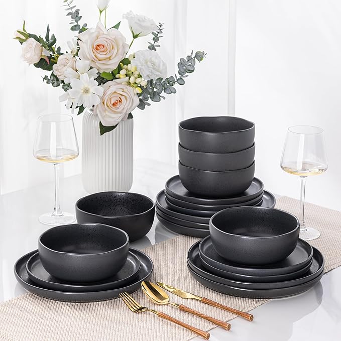 AmorArc Ceramic Dinnerware Sets, Wavy Rim Stoneware Plates and Bowls Sets,Dishwasher & Microwave & Oven Safe Dishes set, Service for 6 (18pc)-Charcoal Matte