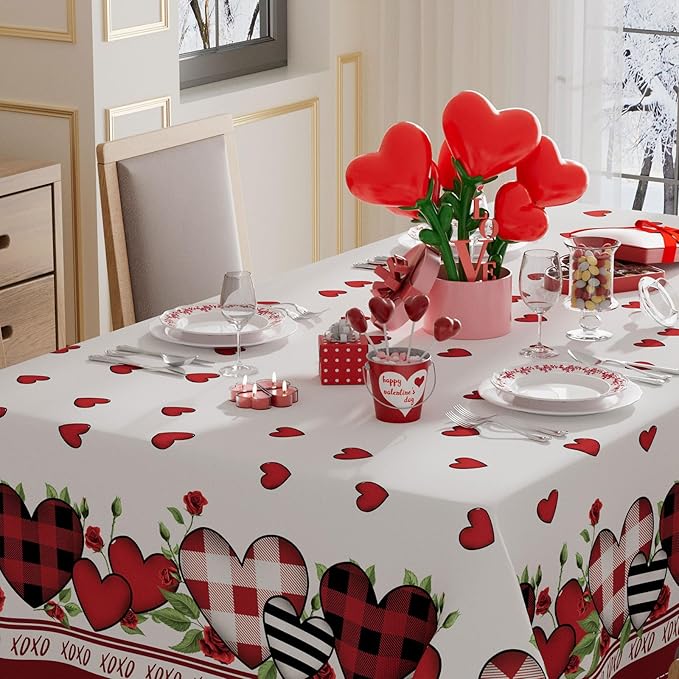 XCHI Plaid Love Hearts Valentine’s Day Tablecloth Rectangle Table Cloth Washable Table Covers for Indoor Outdoor Dining Home Party Decorations 60x120 Inch