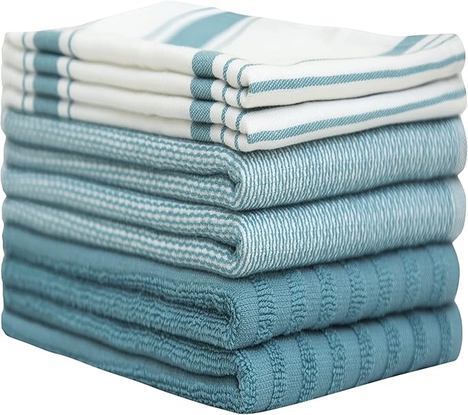 Premium Kitchen Towels (20”x 28”, 6 Pack) | Large Cotton Dish Towels | Flat & Terry Highly Absorbent Kitchen Linen Set with Hanging Loop | Aqua