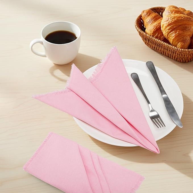 Lightnpro Cotton Napkins Set of 12, Beautiful Handmade Fringe Dinner Cloth Napkins, Washable and Reusable for Dining, Parties, Weddings, Holiday & Everyday Use - 18x18 Inch Baby Pink