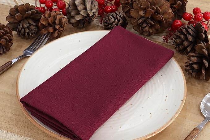 PurpleEssences Set of 12 Cloth Dinner Napkins 100% Cotton 18x18 Inch - Soft Durable Washable - Ideal for Farmhouse Party Fall Thanksgiving - Perfect Everyday Use Table Linen - Burgundy