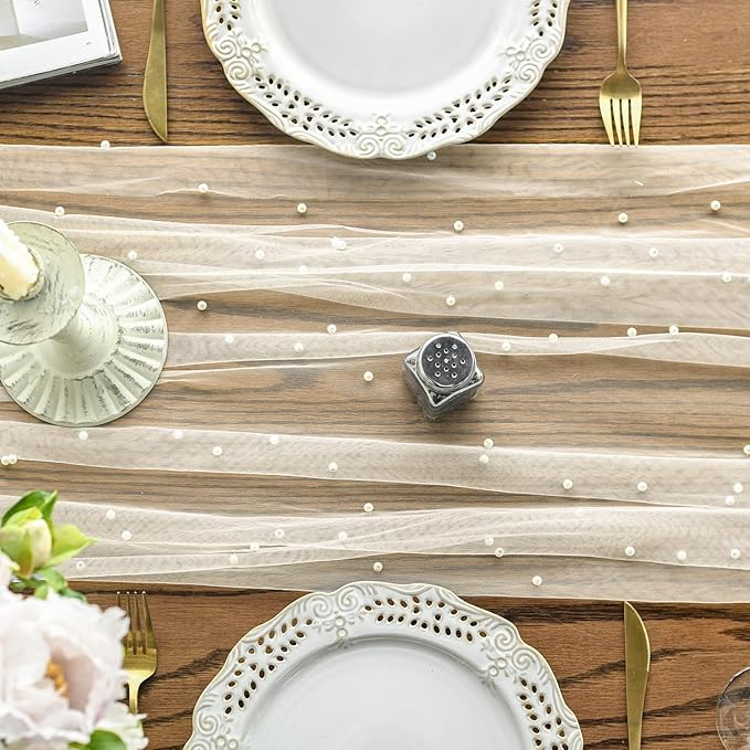 Artoid Mode Pearl Beige Gauze Table Runner 59x120 Inch , Seasonal Sheer Kitchen Dining Holiday Wedding Birthday Baby Shower Table Decor for Home Party