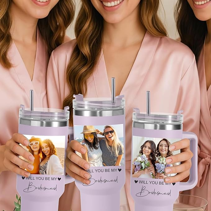 Personalized 40 oz Tumbler with Handle and Straw,Custom Bride & Bridesmaid Gift,Insulated Stainless Steel Travel Coffee Mug Customized Water Cups with Name for Wedding