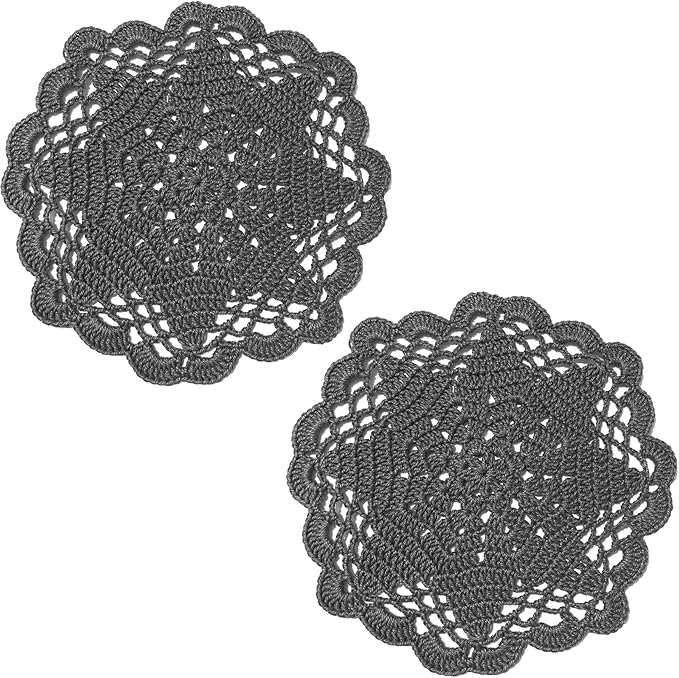 BIBITIME Handmade Crochet Round Lace Doilies Kitchen Table Placemats Wedding Tea Flower Vase Cup Mats (Dark Grey, 6" to 7",Pack of 2PCS)