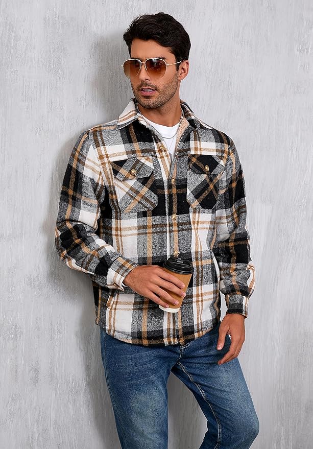 Men's Cotton Sherpa Lined Button Down Flannel Shirt Jacket Plaid Soft Outdoor Flannel Jacket Shirt