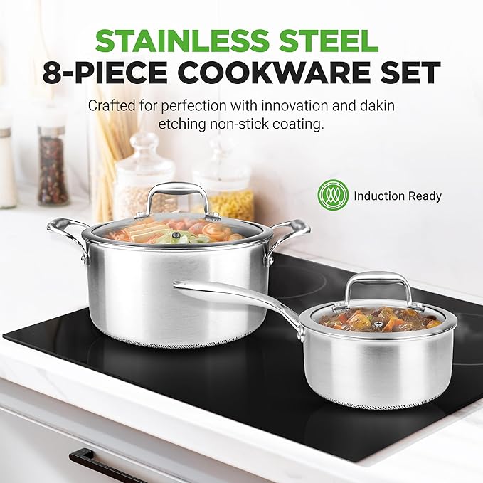NutriChef 8-Piece Triply Cookware Set Stainless Steel - Triply Kitchenware Pots & Pans Set Kitchen Cookware, Non-Stick Coating - Sauce Pot, Stew Pot, Cooking Pot, Frying Pan, Lids