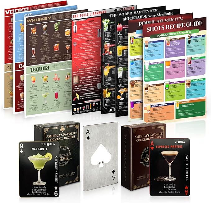 Bar Essentials for Home 120+ Cocktail Recipe Cards. Gifts for Alcohol Lovers. Alcohol Drinks Bar Charts. Red & Black Mixology Cards Wall Decor (Double Sided Charts)