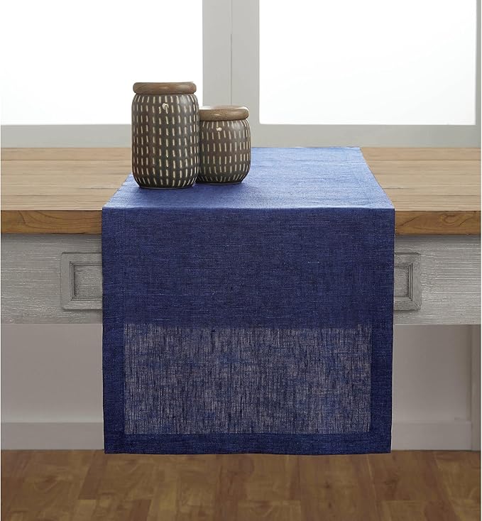 Solino Home Linen Table Runner 48 Inches - 100% Pure Linen Chambray Navy Table Runner 14 x 48 Inch Ideal for Dresser and Coffee Tables - Winter, Spring - Athena