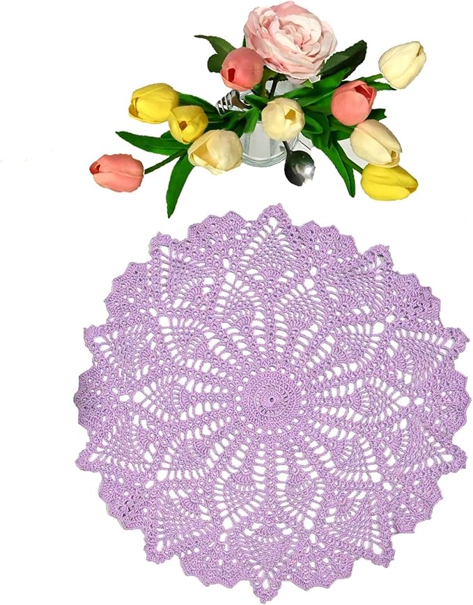 BIBITIME Lace Tablecloth Doily 18 in to 20 in Handmade Crochet Placemat Women Vase Mat Kitchen Table Runner (1PC, Light Purple)