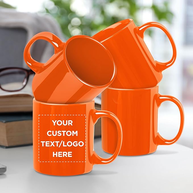 Custom Ceramic Coffee Mugs 11 oz. Set of 100, Personalized Bulk Pack - Coffee cup set, Iced coffee cup, Gaming mug - Orange