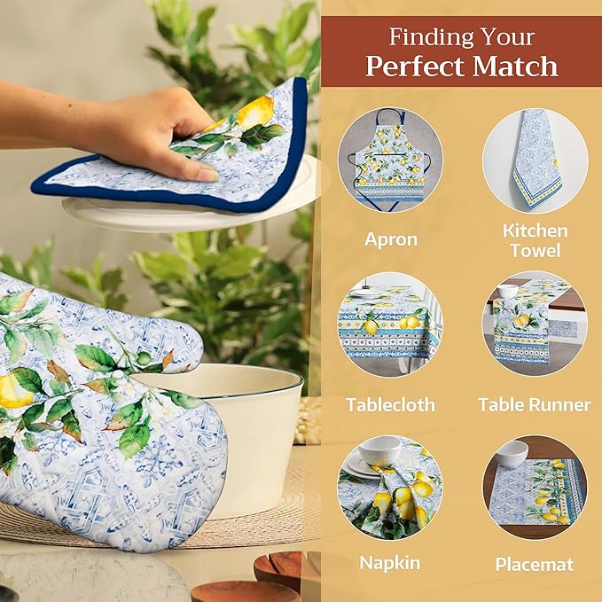 Maison d' Hermine Oven Gloves 100% Cotton Oven Mitt 7" x 13" with Loop Heat Resistant, BBQ, Cooking Gloves, Baking, Grilling, Kitchen, Handling Hot Pans Spring/Summer (Pack of 1, Citrus)