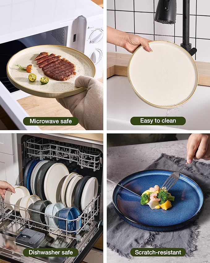 Famiware Star Dinnerware Set with Pasta Bowls, Service for 4 (16pcs), Ribbed Stoneware Plates and Bowls Dishes Sets with Trim - Chip & Scratch Resistant, Microwave & Dishwasher Safe, White