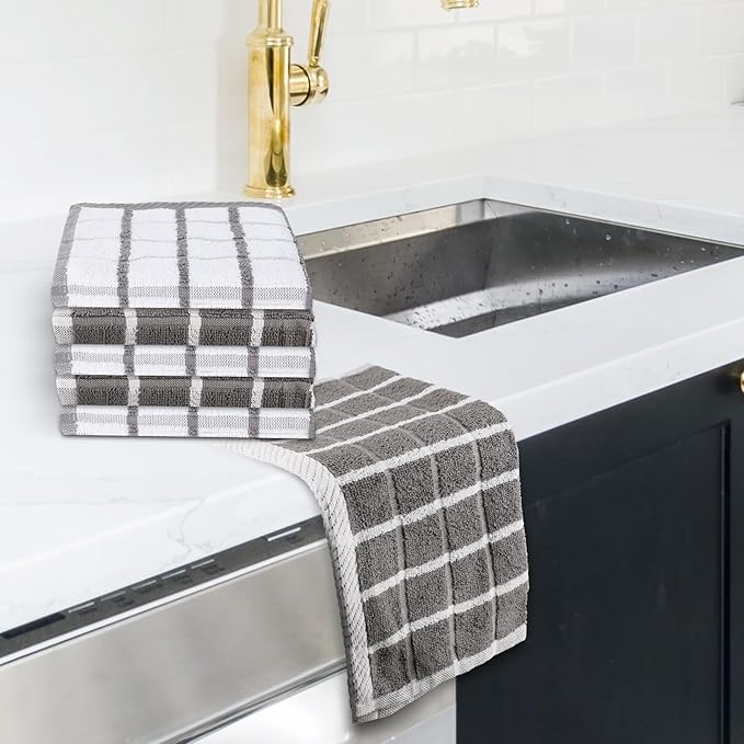Urban Villa Dish Cloths Terry Cotton Pack of 6, Highly Absorbent Quick Drying Super Soft Premium Dish Towels for Kitchen with Hanging Loop Hand & Tea Towels - 12x12 Inch, (Grey & White, Checks)