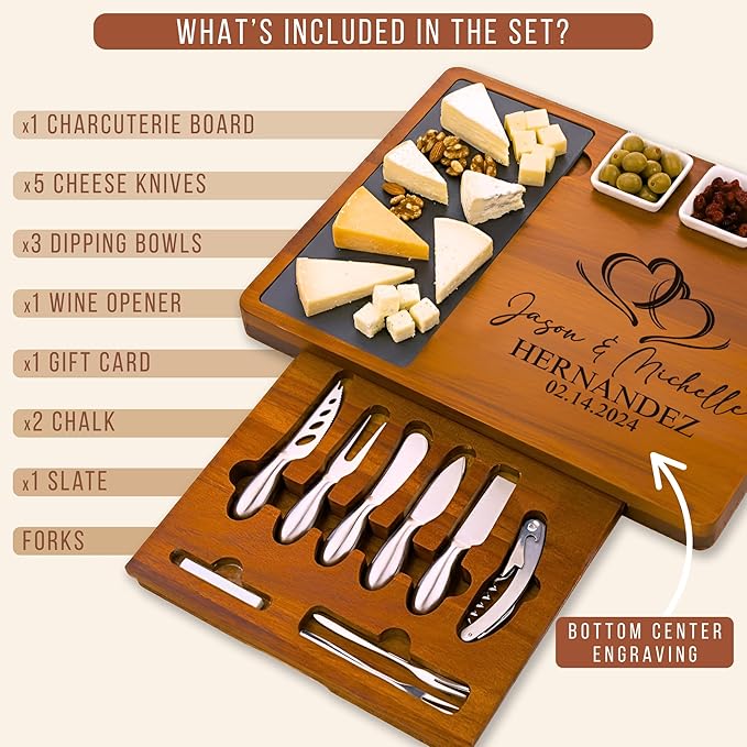 Personalized Charcuterie Board Set with Stainless Steel Knives – Wedding, Bridal Shower, Anniversary, Engagement, Valentines Day Gifts for Her, Him, Housewarming, Gift for Couples, Custom Gifts