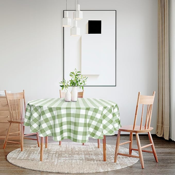 Hiasan Checkered Round Tablecloth 45 Inch - Waterproof Stain and Wrinkle Resistant Washable Fabric Table Cloth for Dining Room Party Outdoor Picnic,Sage Green and White