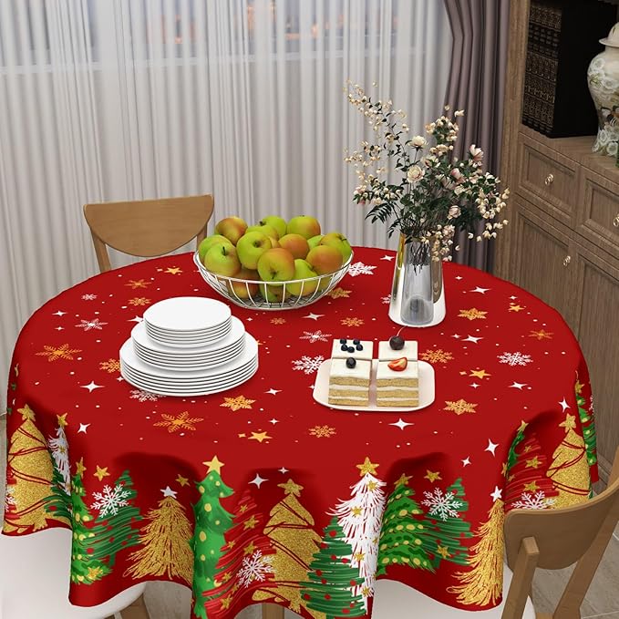 Christmas Tablecloth Round 60 Inch Xmas Theme Red and Gold Trees Snowflake Decorative Table Cloth Winter Holiday Table Cover for Kitchen Dinner Home Decor