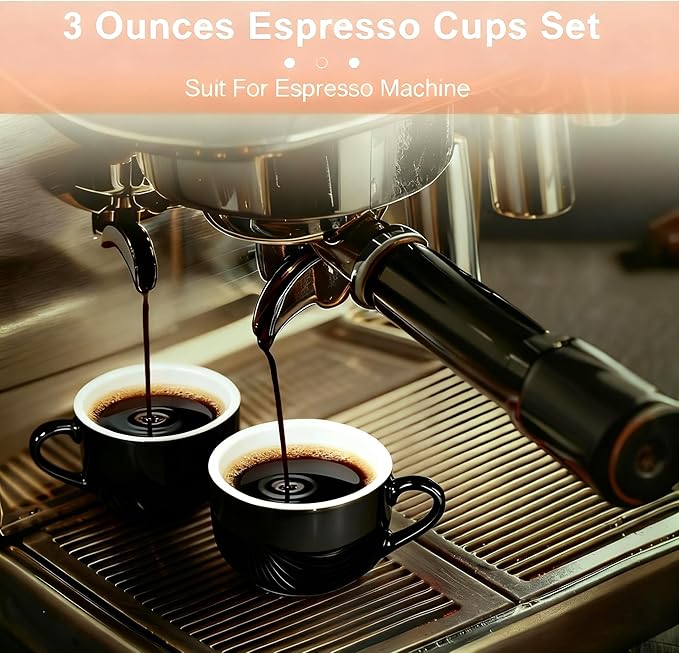 3 Ounce Espresso Cups Set of 4, Stackable Demitasse Mugs, Includes Display Stand, Cups Saucers, and Spoons, for Machines & Home Use, Black, Gold Tone