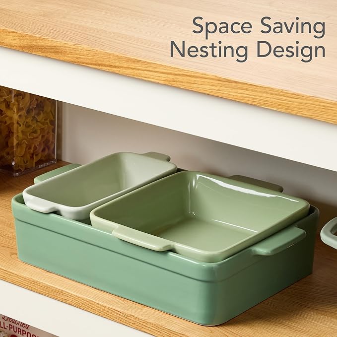 Best Choice Products 3-Piece Ceramic Bakeware Set, Stoneware Baking Dishes, Porcelain Casserole Bakeware Dishes, Serving Dishes - 9x12 Casserole, Loaf Pan, 8x8 Baking Dish - Sage Green