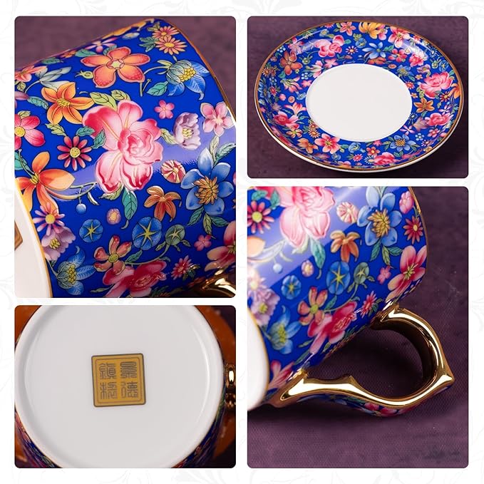 KAMMAK Tea Cups and Saucers Set of 2, Ceramic Coffee Cup with Saucer for Espresso, Cappuccino, 7oz Vintage Yellow and Blue Floral Porcelain Novelty Mug for Home, Tea Party, Office