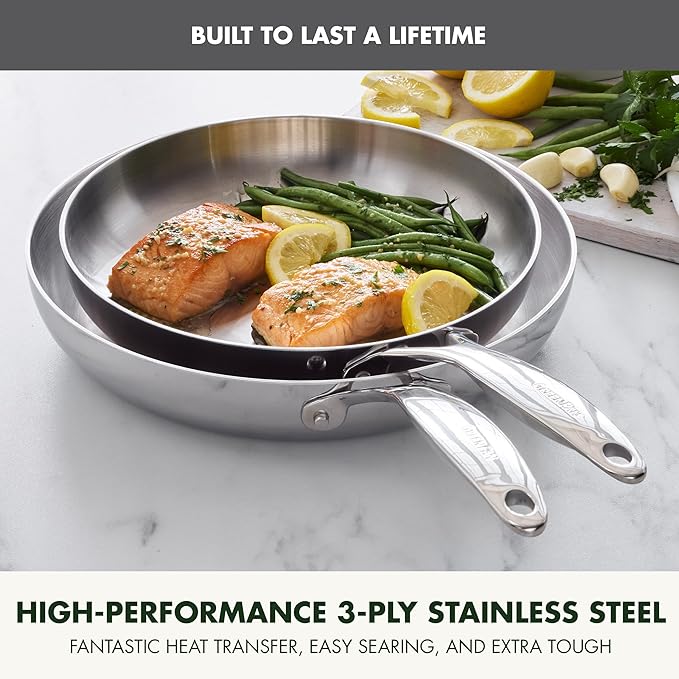 GreenPan Valencia Tri-Ply Stainless Steel 2 Piece Frying Pan Set (8" & 10" Skillets), Induction Ready, Mirror Finish, Dishwasher Safe & Oven/Broiler Safe to 600F, Compatible with All Cooktops, Silver