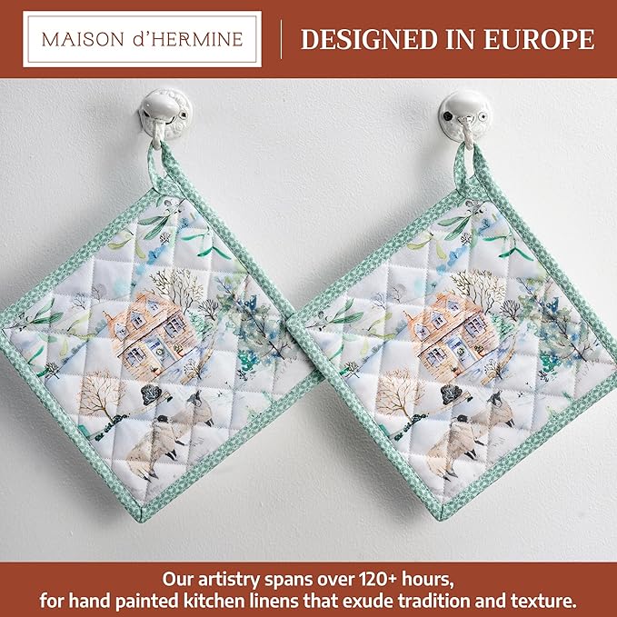 Maison d' Hermine Pot Holders Set 100% Cotton Heat Resistant Potholders 8" x 8" Hot Pads with Loop for Thanksgiving Christmas Decorations BBQ Cooking Baking Handling Hot Pans (Pack of 2, Snowy World)