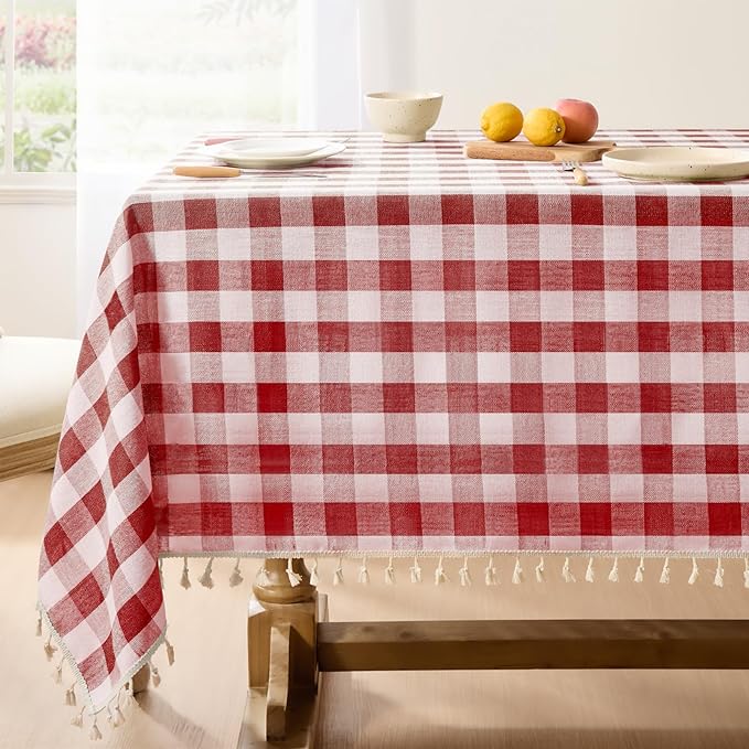 Softalker Checkered Tablecloth Rectangle, Outdoor Linen Cotton Gingham Table Cloth with Tassel, Heavy Duty Wrinkle Free Buffalo Plaid Table Cover for Kitchen Dining Home Party - 55 x 84 Inch, Red