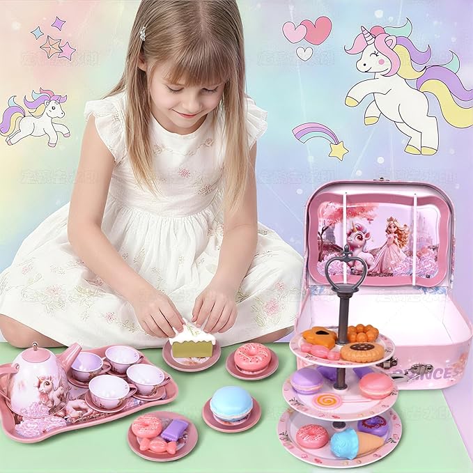 Unicorn Tea Party Set for Girls, Pretend Play Toy with Pink Tin Teapot, 4 Cups & Plates, Portable Carrying Case, Educational Gift for Toddlers Ages 3 4 5 6 7 (Swn)