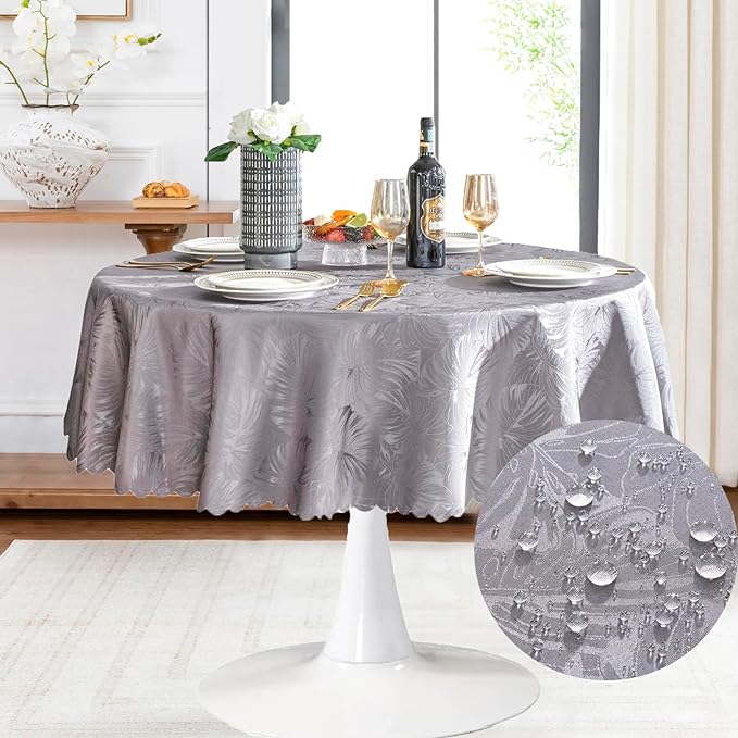 Jacquard Round Tablecloth 70 Inch Grey Tablecloth Leaves Pattern Scalloped Edge Silky Soft Table cloth Waterproof Wrinkle Resistant Washable Table Cover for Dining Tabletop Party Banquet Patio Decor
