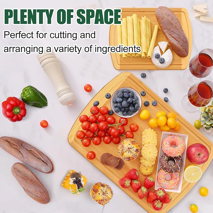 Homaxy Bamboo Cutting Boards for Kitchen Set of 2, Wood Cutting Board Set with Juice Groove, Wooden Butcher Block Chopping Board Set for Kitchen, Meat, Cheese, Fruit & Vegetables - Pre Oiled, Two-Tone