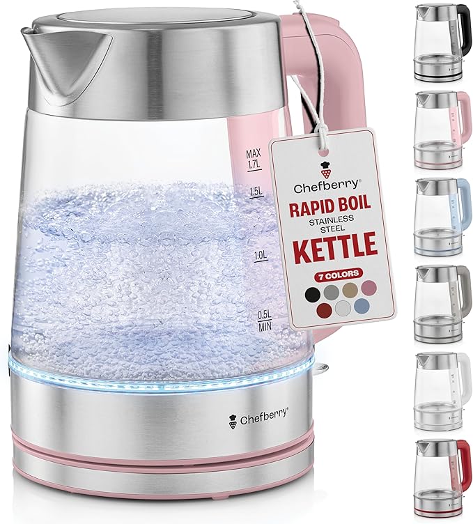 Electric Kettle for Boiling Hot Tea & Water | 1.7L Stainless Steel Borosilicate Glass Boiler With No Plastic, Automatic Shutoff, BPA Free, Fast Heating Technology (Pink)