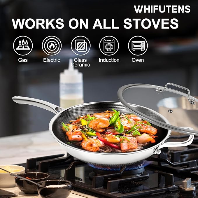 Wok Pan with Lid,12.6 inch Hybrid Woks & Stir-fry Pans Nonstick Stainless Steel Cookware, Cooking Wok for Induction Cooktop, Double Coated Honeycomb Pan