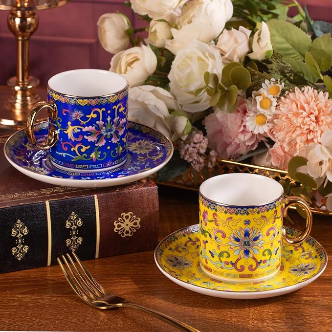 KAMMAK Tea Cups and Saucers Set of 2, Porcelain Coffee Cups with Saucer for Espresso, Cappuccino, 7oz Vintage Yellow and Blue Ceramic Novelty Mug for Home, Tea Party, Office