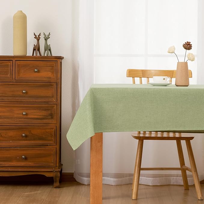Hiasan Faux Linen Rectangle Tablecloth - Wrinkle and Stain Resistant Washable Table Cloth for Kitchen Dining Room Holiday Table Cover for Dinner, Green, 60 x 140 Inch